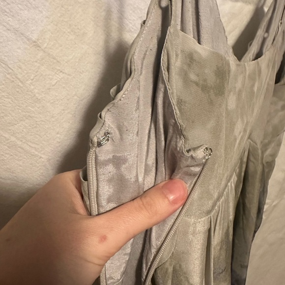 Fei Spaghetti Strap Olive Green Watercolor 100% Silk Mini Dress Size 8 - Picture 7 of 11